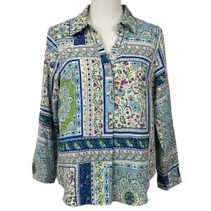 Joie‎ SMALL Blue Multi Patchwork Floral Print Collared Long Sleeve Shirt Blouse